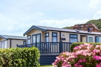 Exterior of new caravan with decking